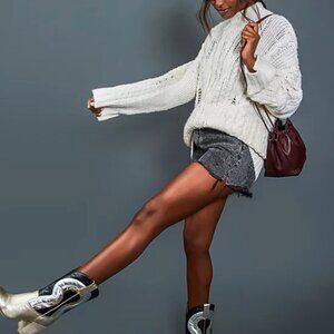 NEW Current/Elliott The Vin Cable Knit Wool Distressed Sweater SZ L